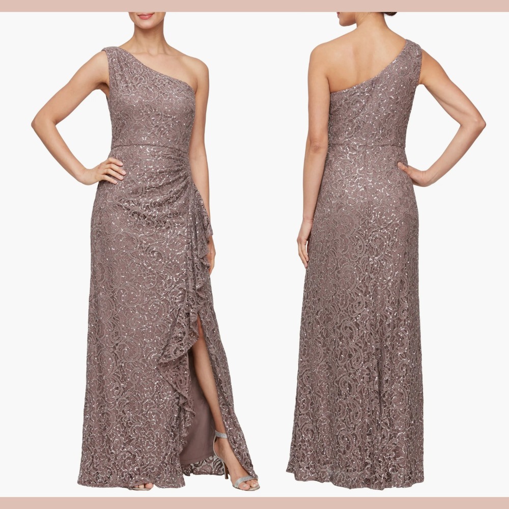 NEW $219 Alex‎ Evenings [ 14 ] One-Shoulder Sequin Lace A-Line Gown Mocha #Q1232